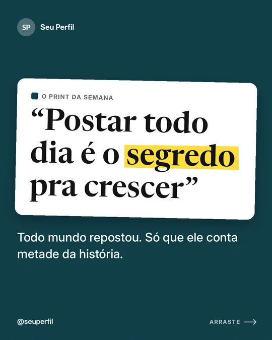 Carrossel padrão Print: recorte branco com manchete serifada e marca-texto sobre a cor da marca